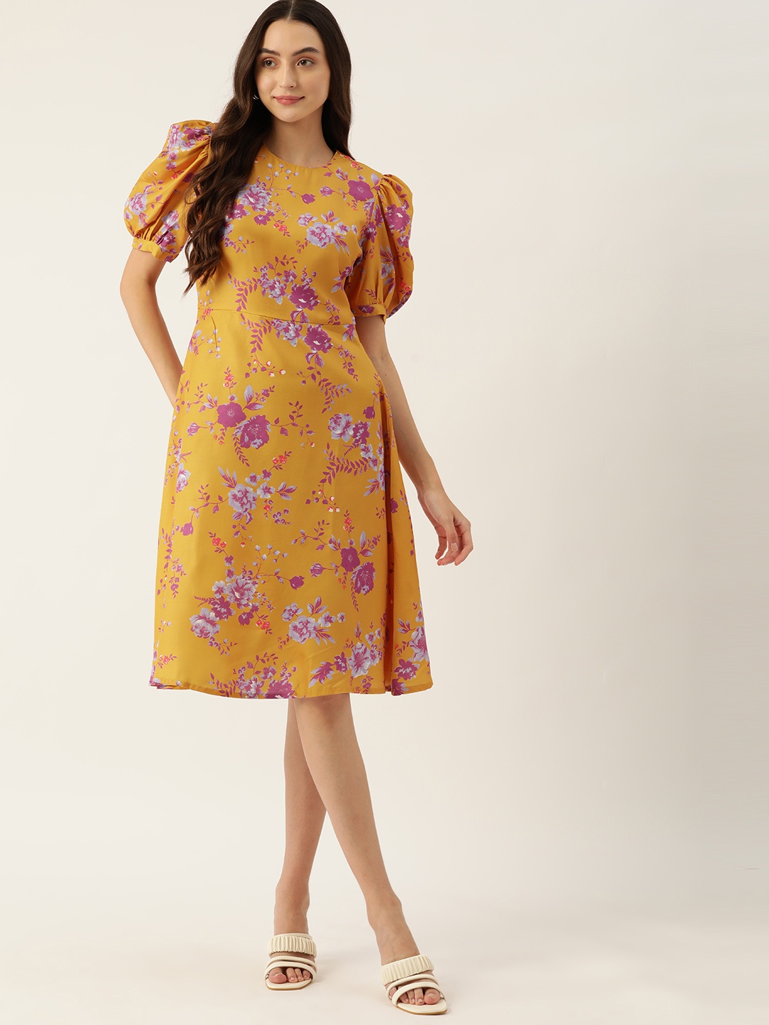 

DressBerry Floral Print Puff Sleeves A-Line Dress, Mustard