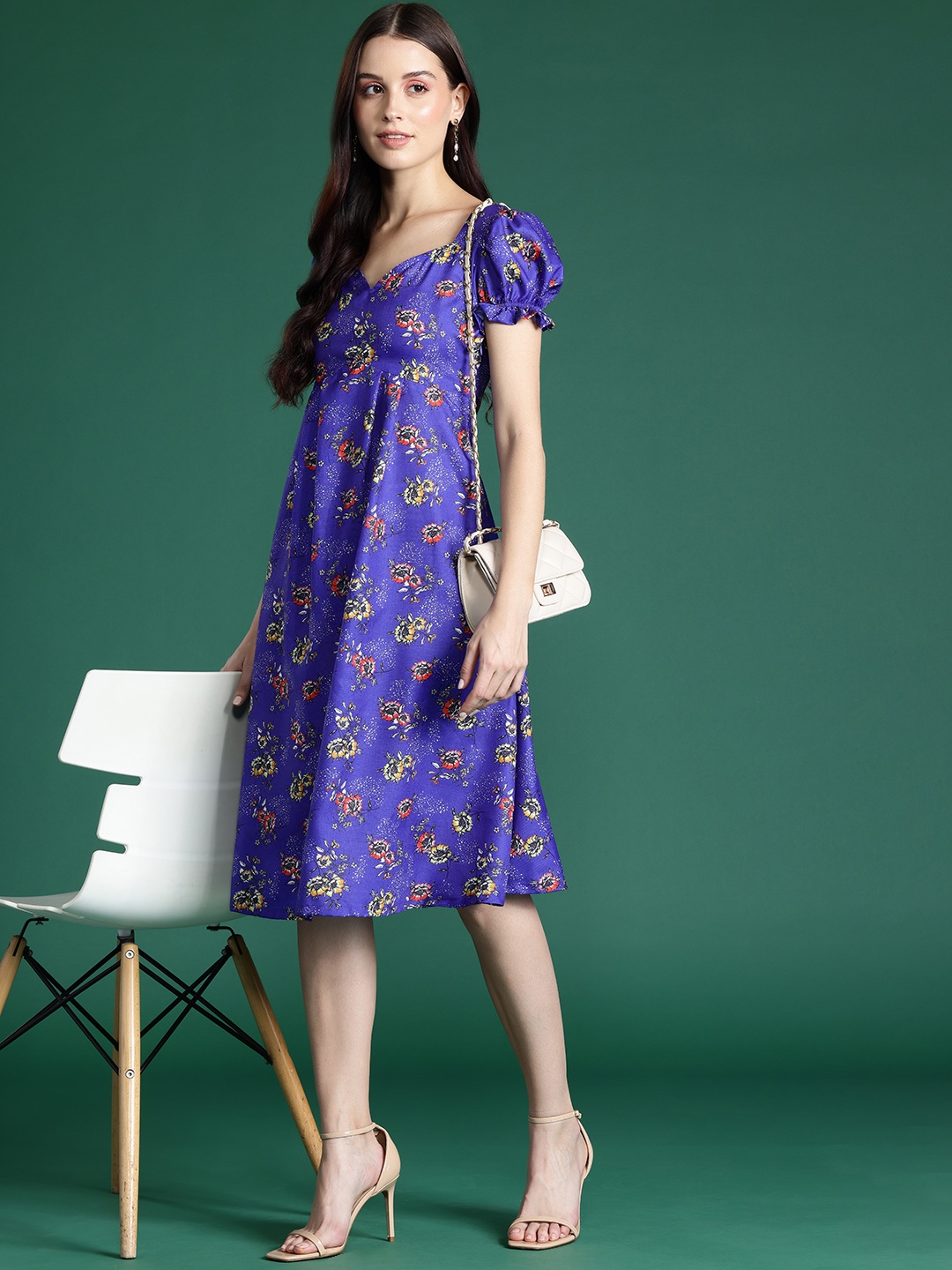 

DressBerry Blue & Red Floral Print Puff Sleeve A-Line Dress