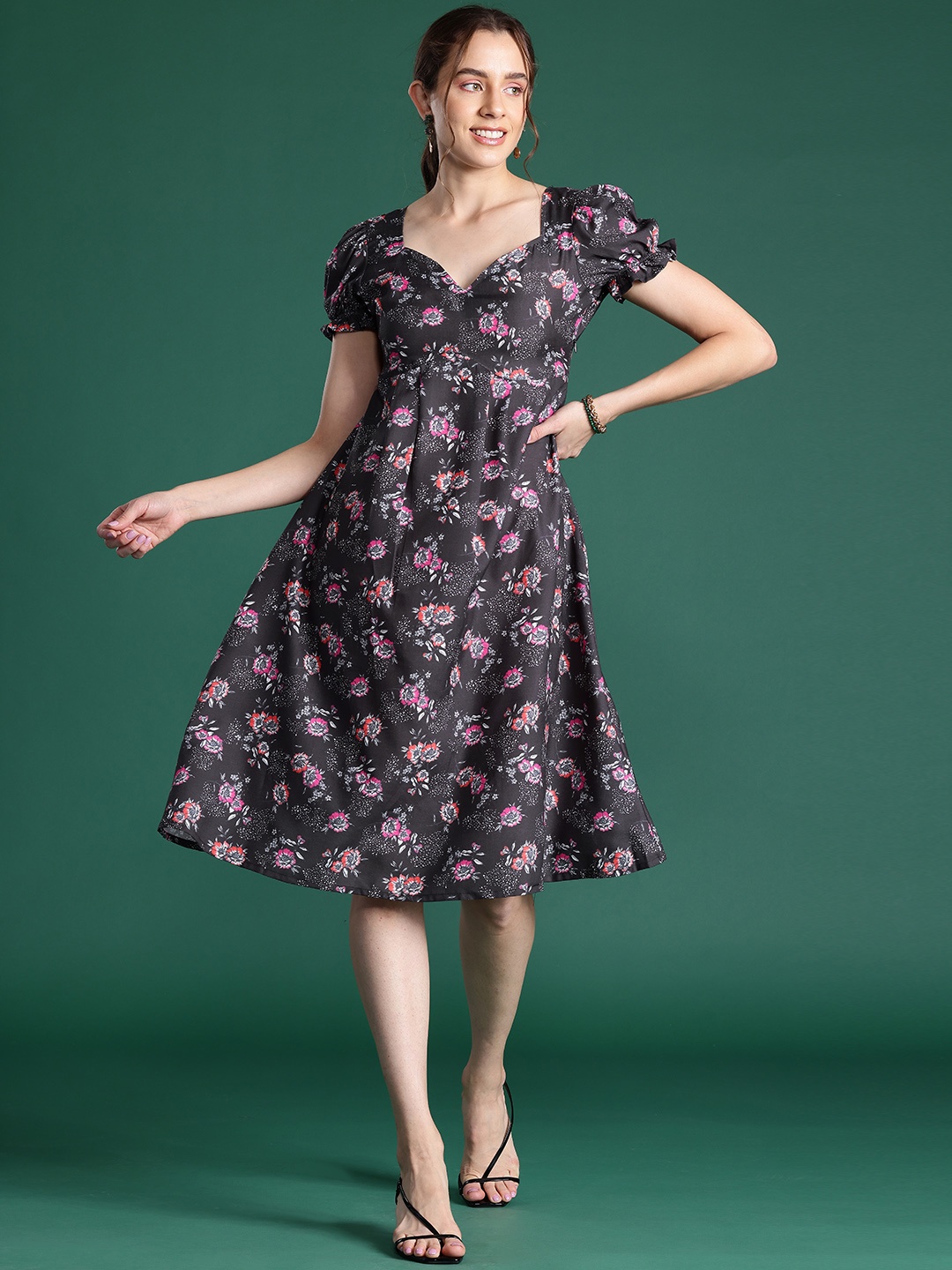 

DressBerry Floral Print Puff Sleeves A-Line Dress, Black