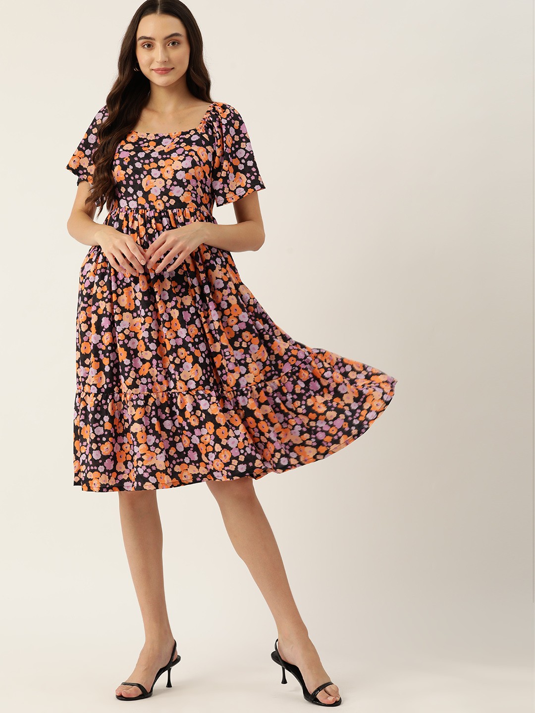 

DressBerry Floral Print Flared Sleeves A-Line Dress, Black