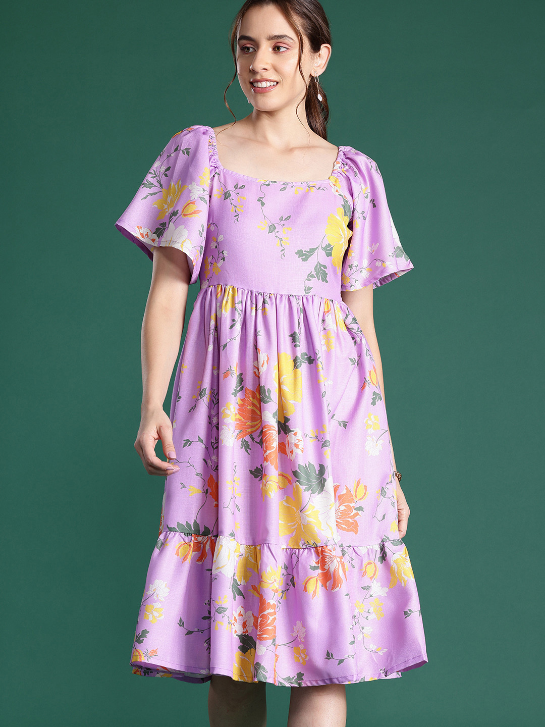 

DressBerry Floral Print Flutter Sleeves A-Line Dress, Lavender