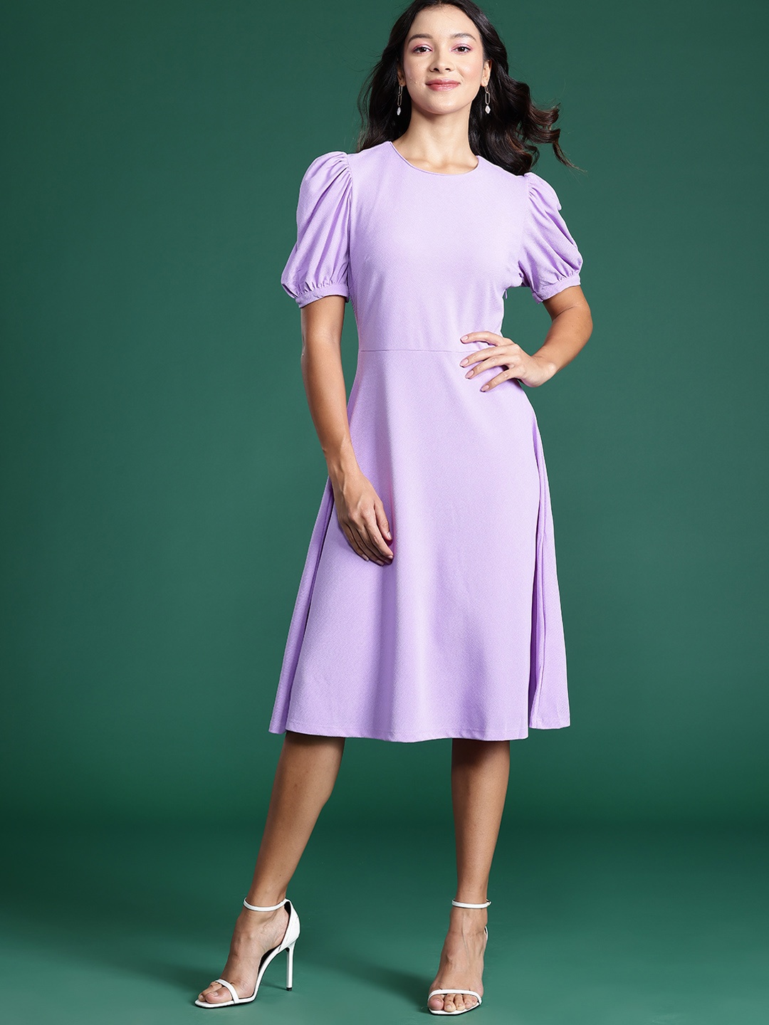 

DressBerry Puff Sleeve A-Line Midi Dress, Lavender