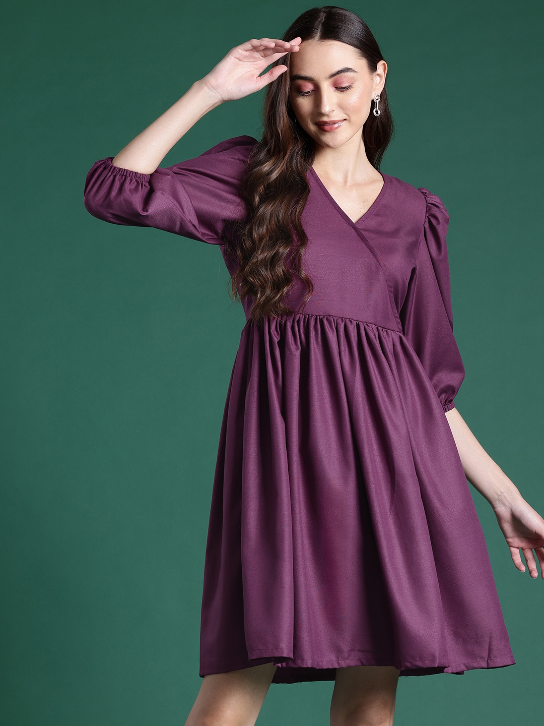 

DressBerry Puff Sleeves Wrap Style A-Line Dress, Burgundy