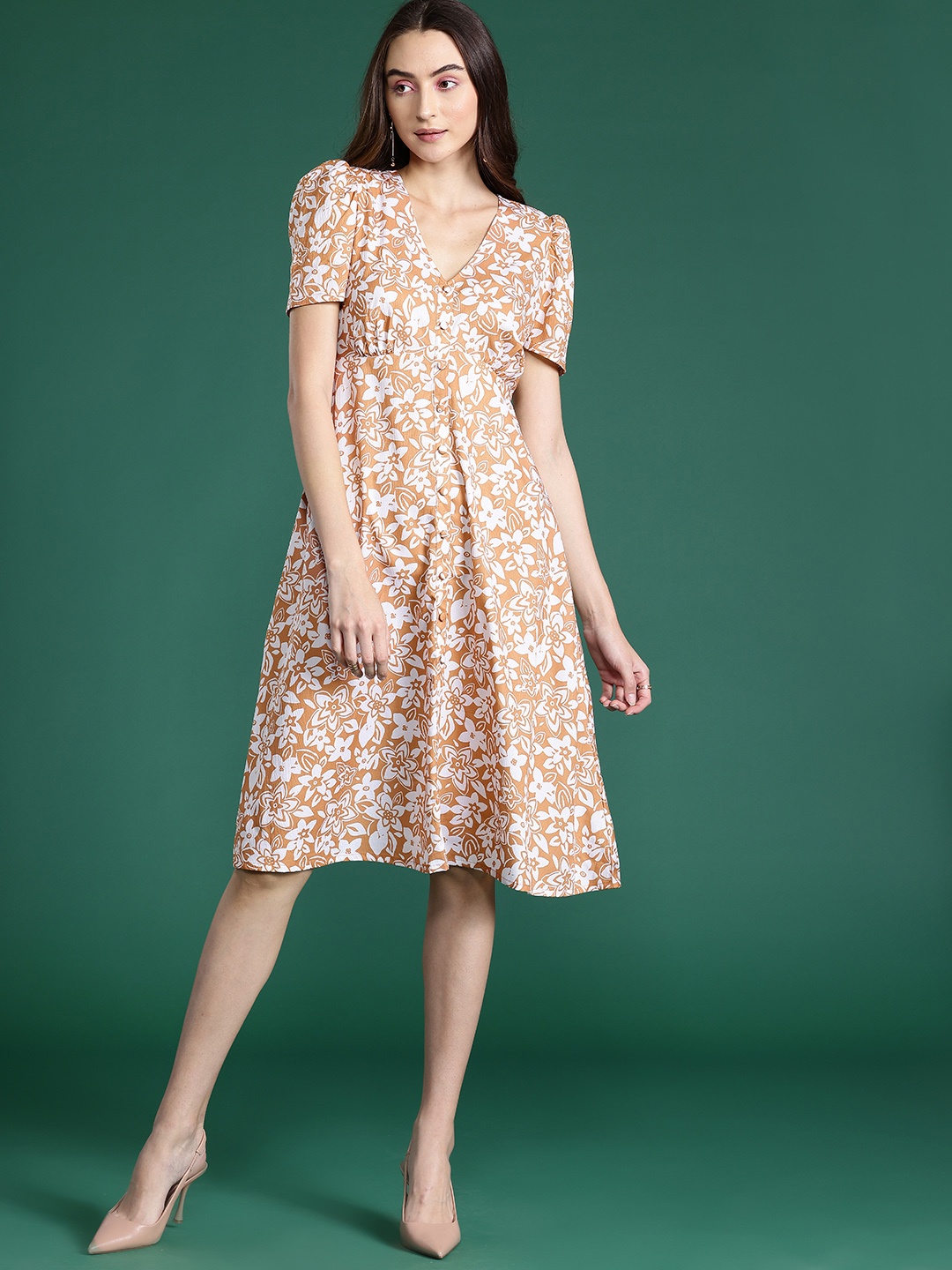 

DressBerry Floral Print A-Line Dress, Brown