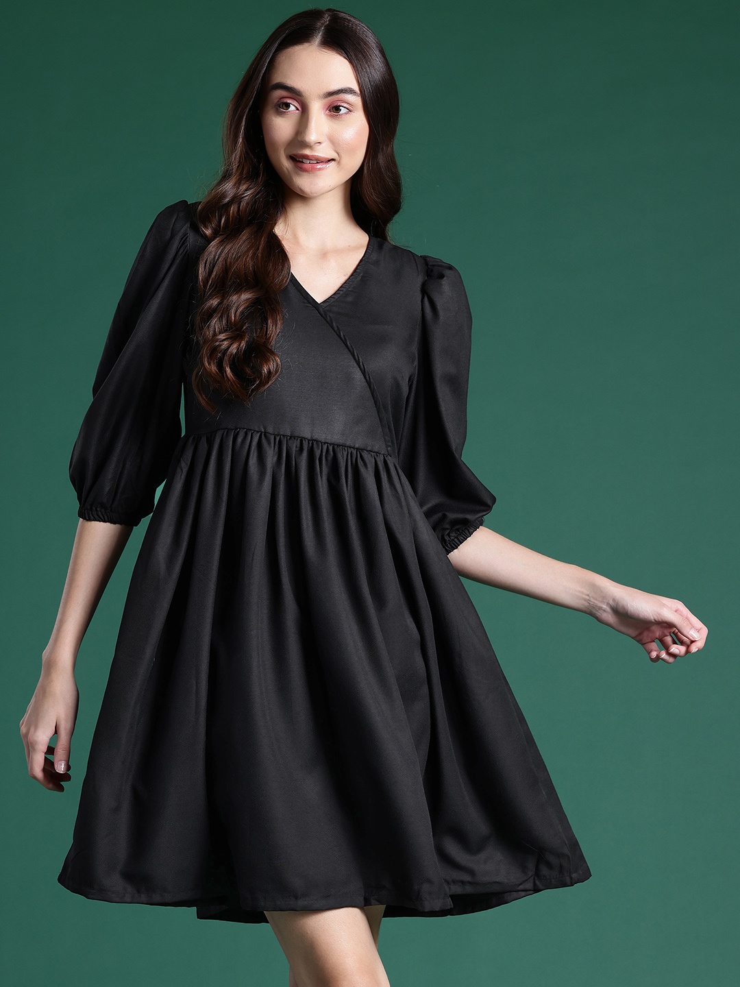 

DressBerry Puff Sleeves Wrap Style A-Line Dress, Black