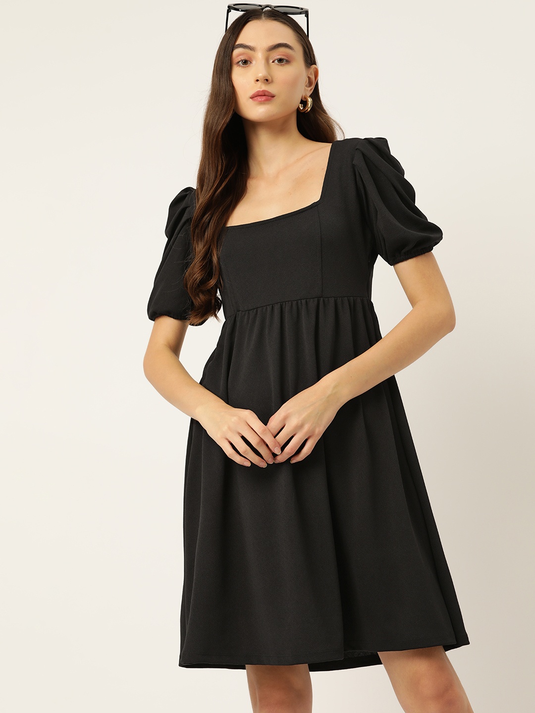 

DressBerry Puff Sleeve A-Line Midi Dress, Black