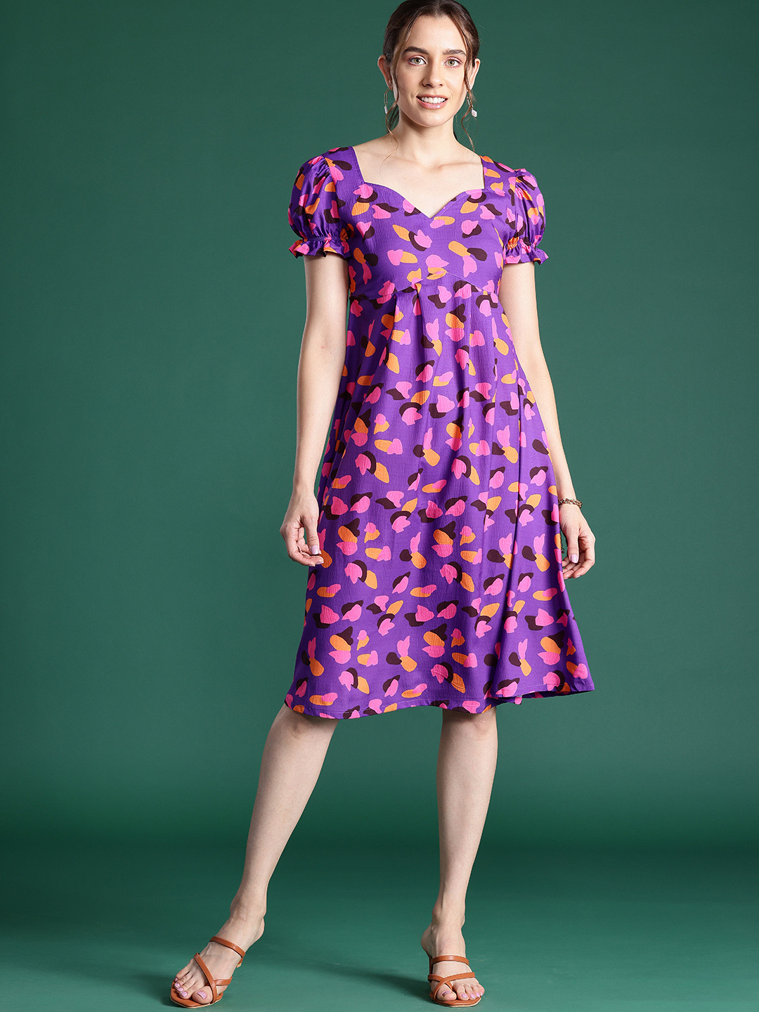 

DressBerry Printed Puff Sleeves A-Line Dress, Purple