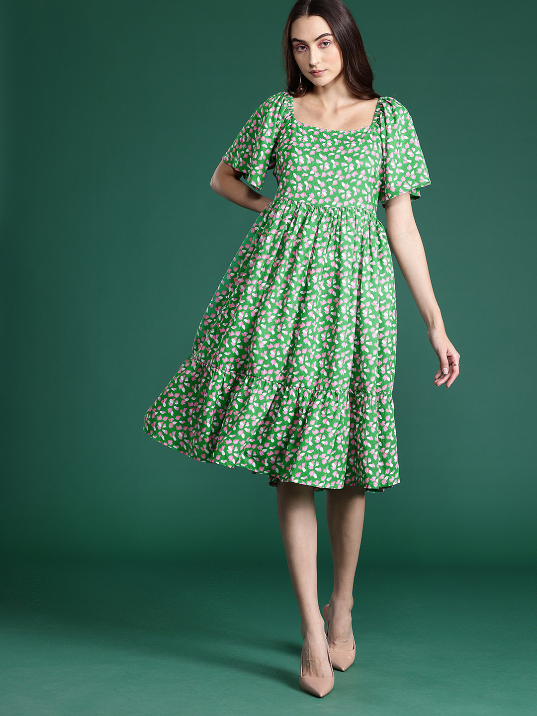 

DressBerry Printed A-Line Tiered Dress, Green