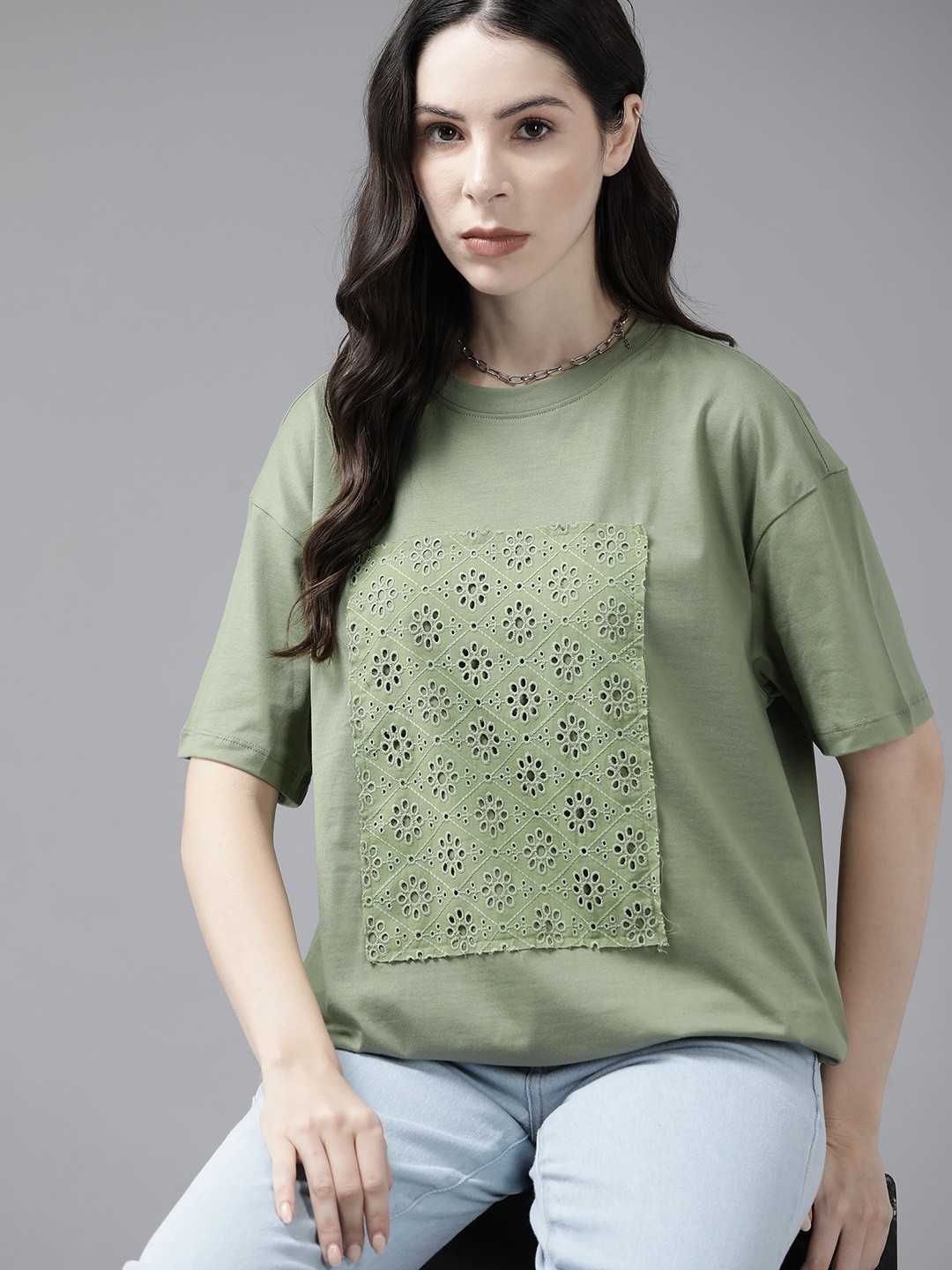 

The Roadster Lifestyle Co.Schiffli Embroidered Cotton Top, Green