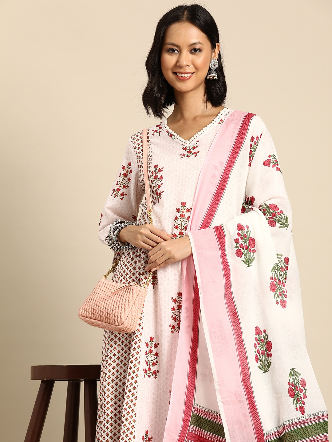 

Sangria Ethnic Motifs Printed Pure Cotton Kurta with Trousers & Dupatta, White