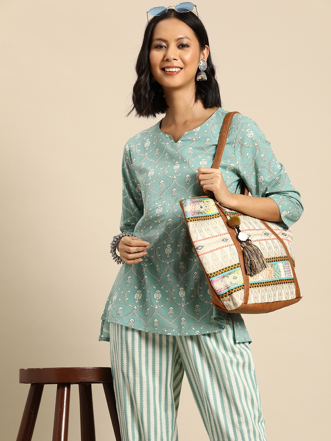 

Sangria Ethnic Motifs Print Pure Cotton Co-Ords, Sea green