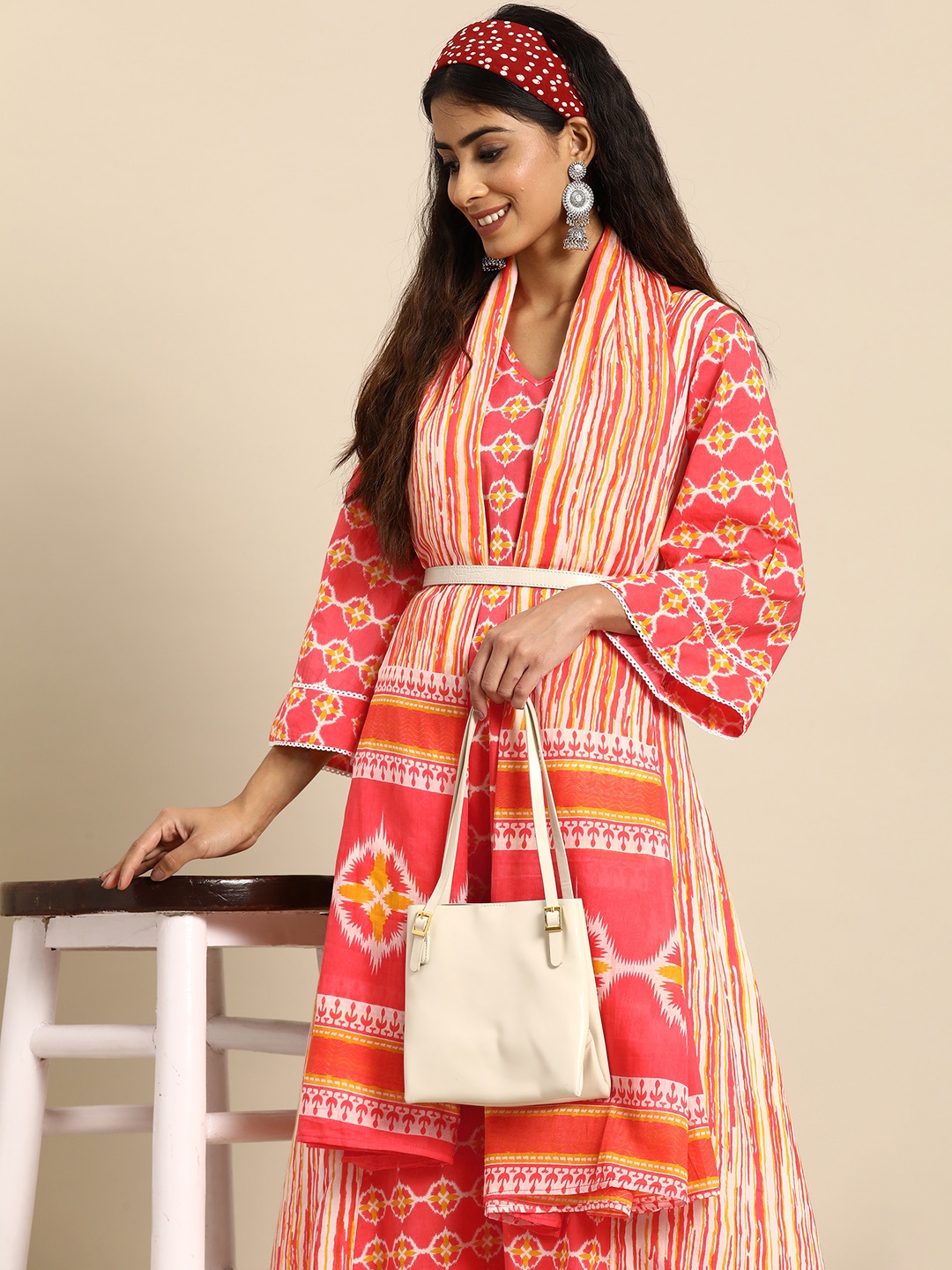 

Sangria Ethnic Motifs Print Pure Cotton Kurta with Palazzos & Dupatta, Coral