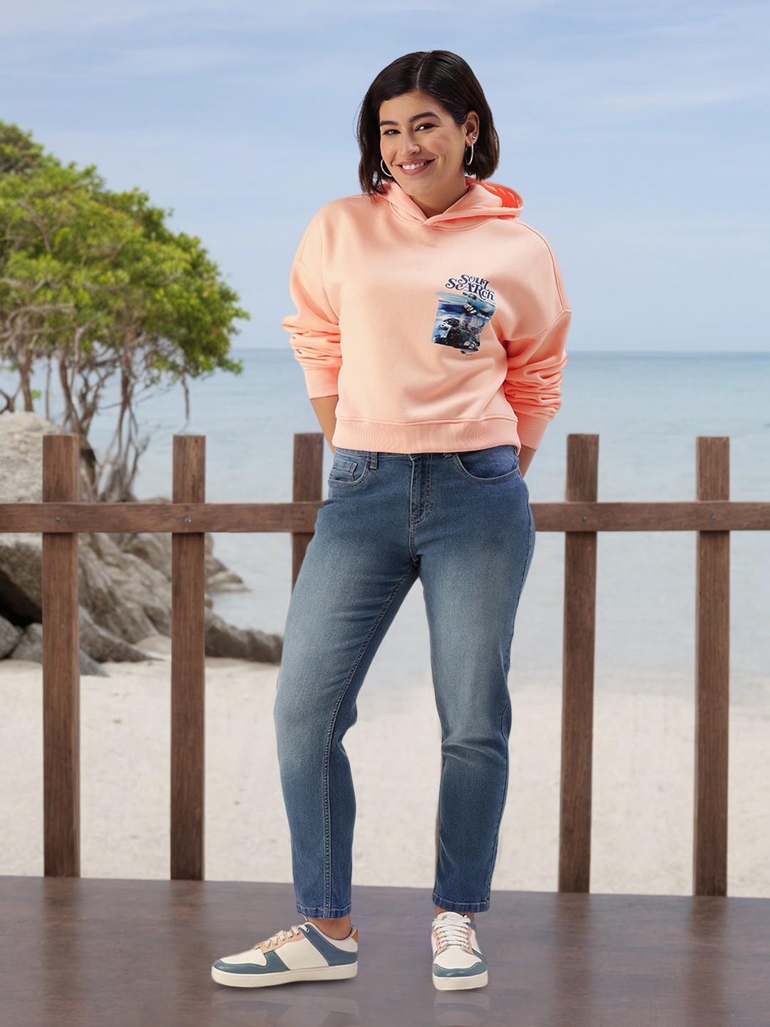 

Mast & Harbour Graphic Printed Hooded Sweatshirt, Peach