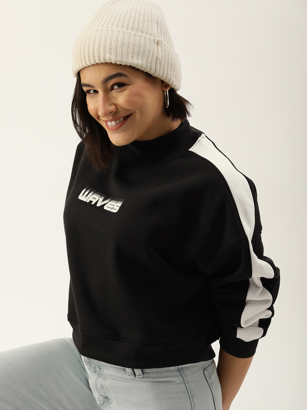 

Mast & Harbour Typography Printed Round-Neck Pullover Crop Sweatshirt, Black