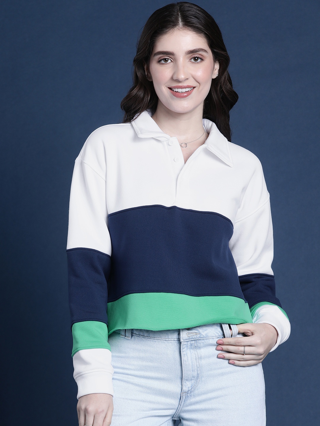 

Mast & Harbour Shirt Collar Colourblocked Sweatshirt, White