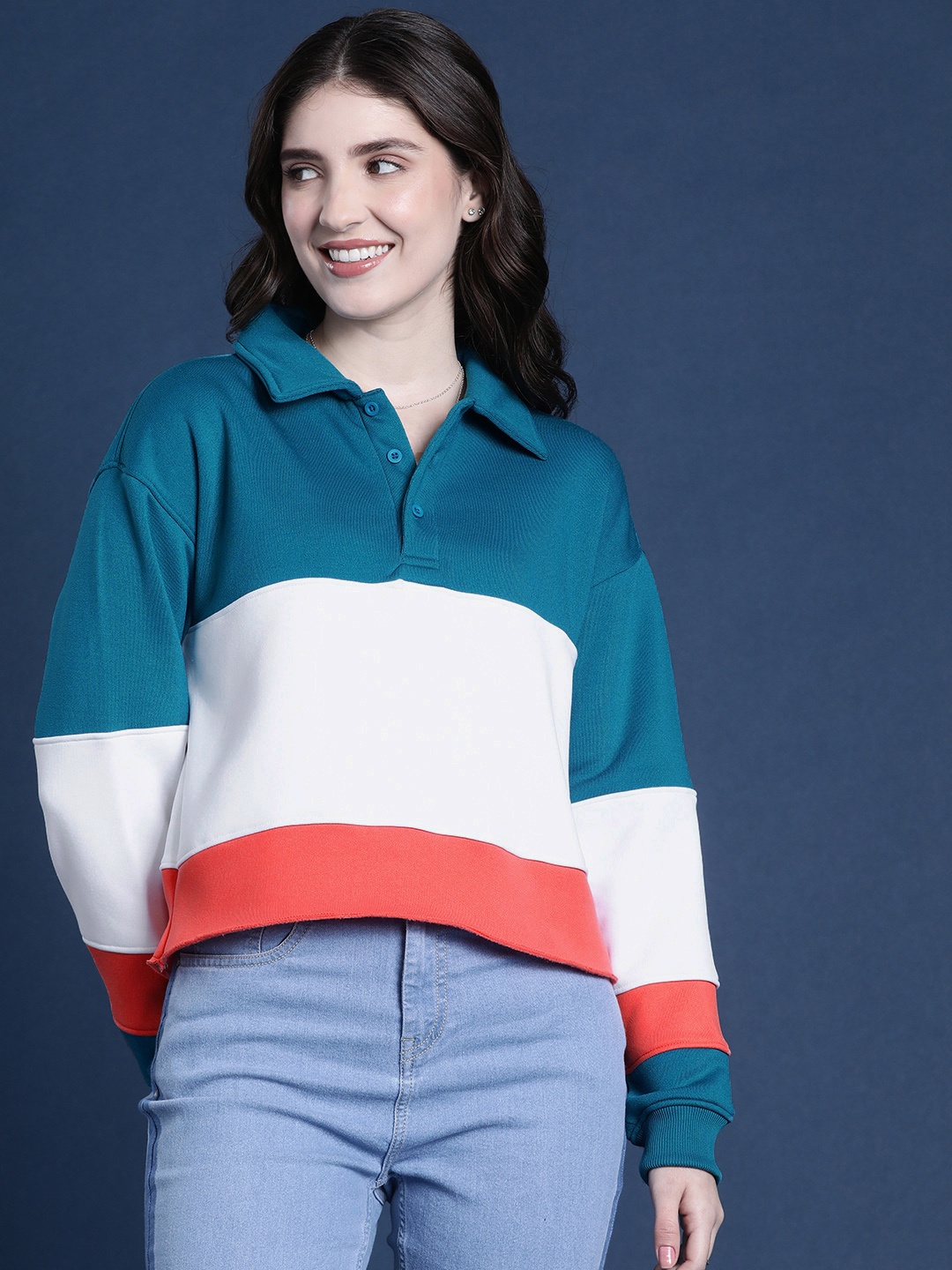 

Mast & Harbour Shirt Collar Colourblocked Sweatshirt, Teal
