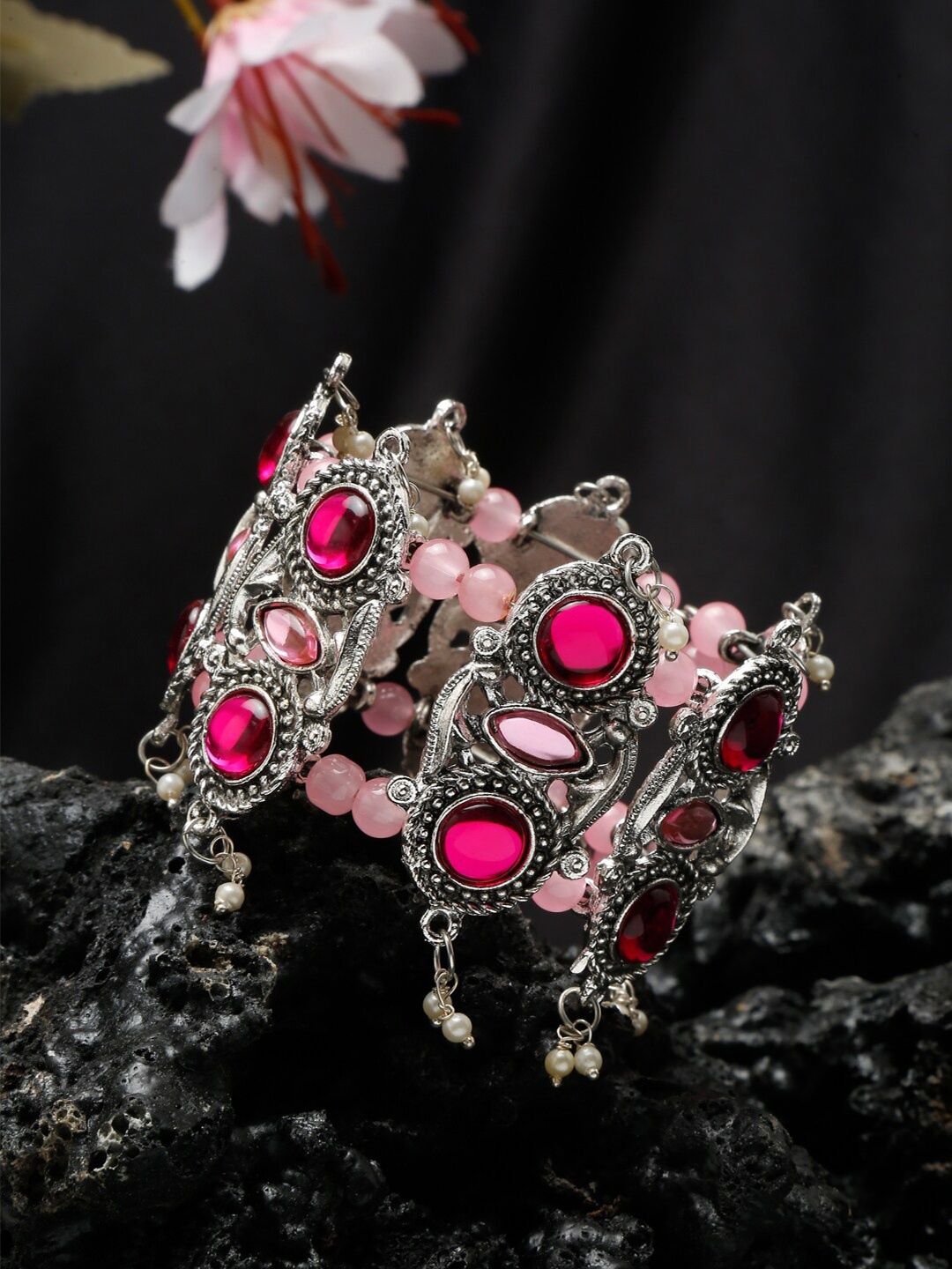 

YouBella Women Silver-Plated Stone Studded & Beaded Cuff Bracelet