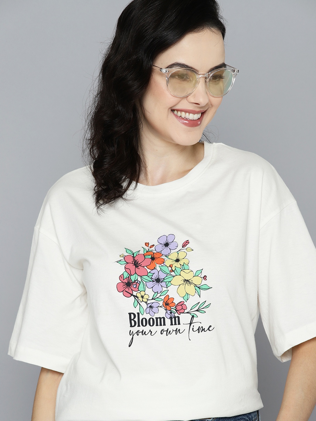 

Mast & Harbour Floral Print Oversized Longline Pure Cotton T-shirt, White