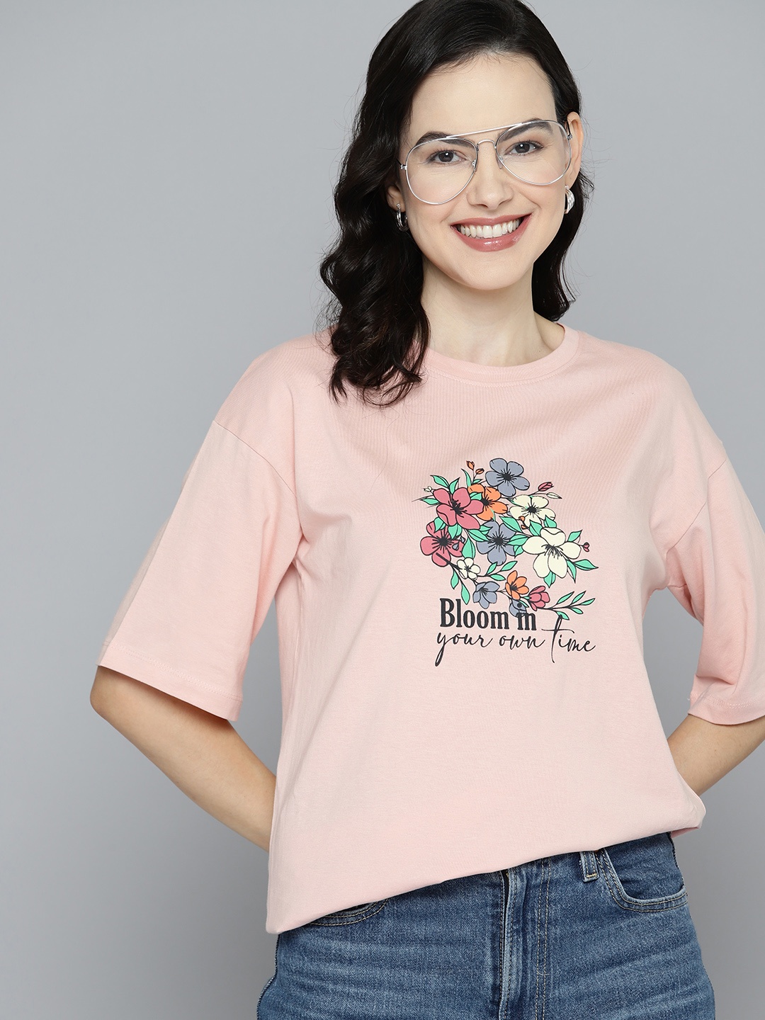 

Mast & Harbour Floral Print Oversized Longline Pure Cotton T-shirt, Peach