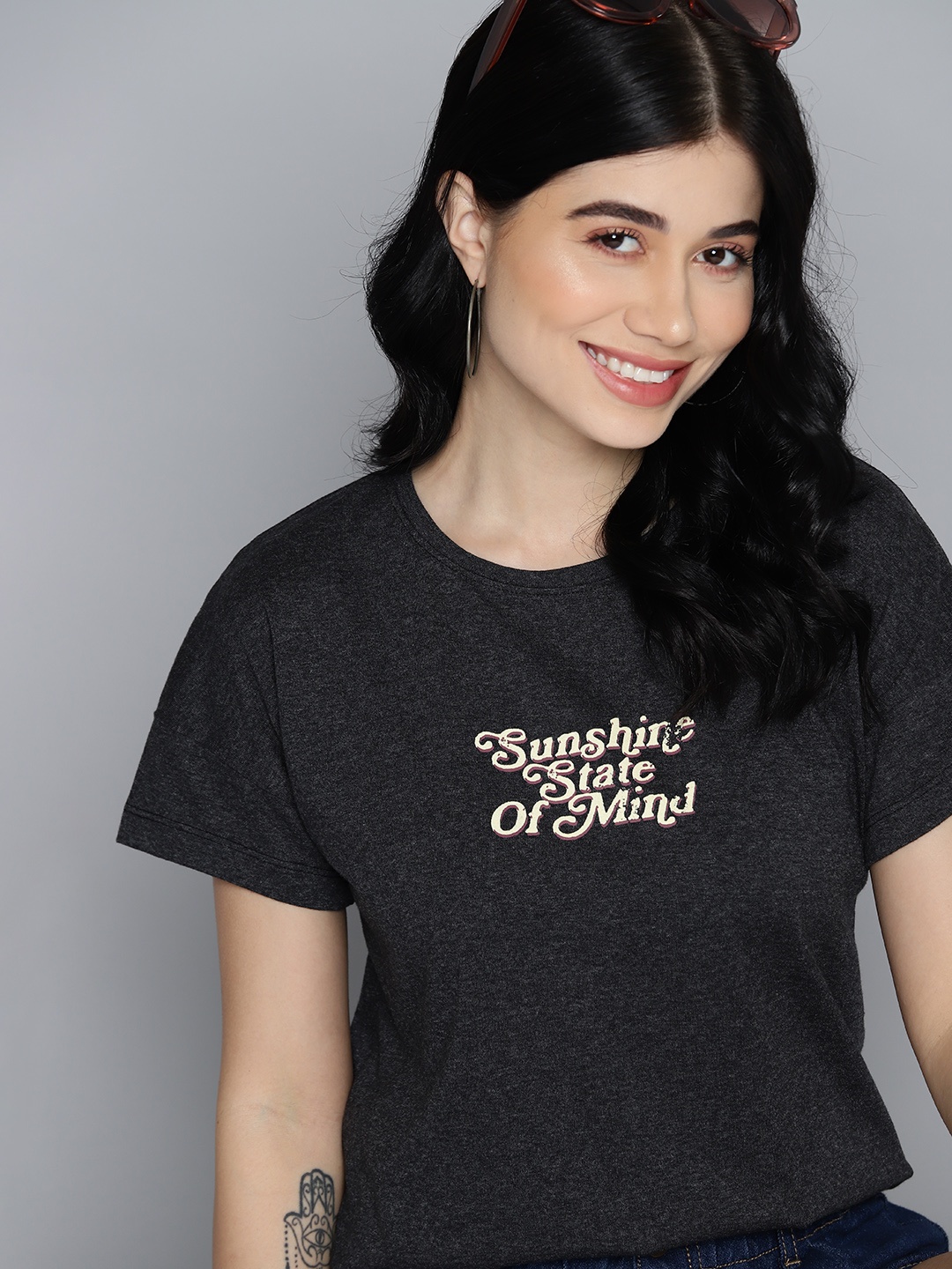 

Mast & Harbour Melange Effect Typography Printed Pure Cotton T-shirt, Grey melange