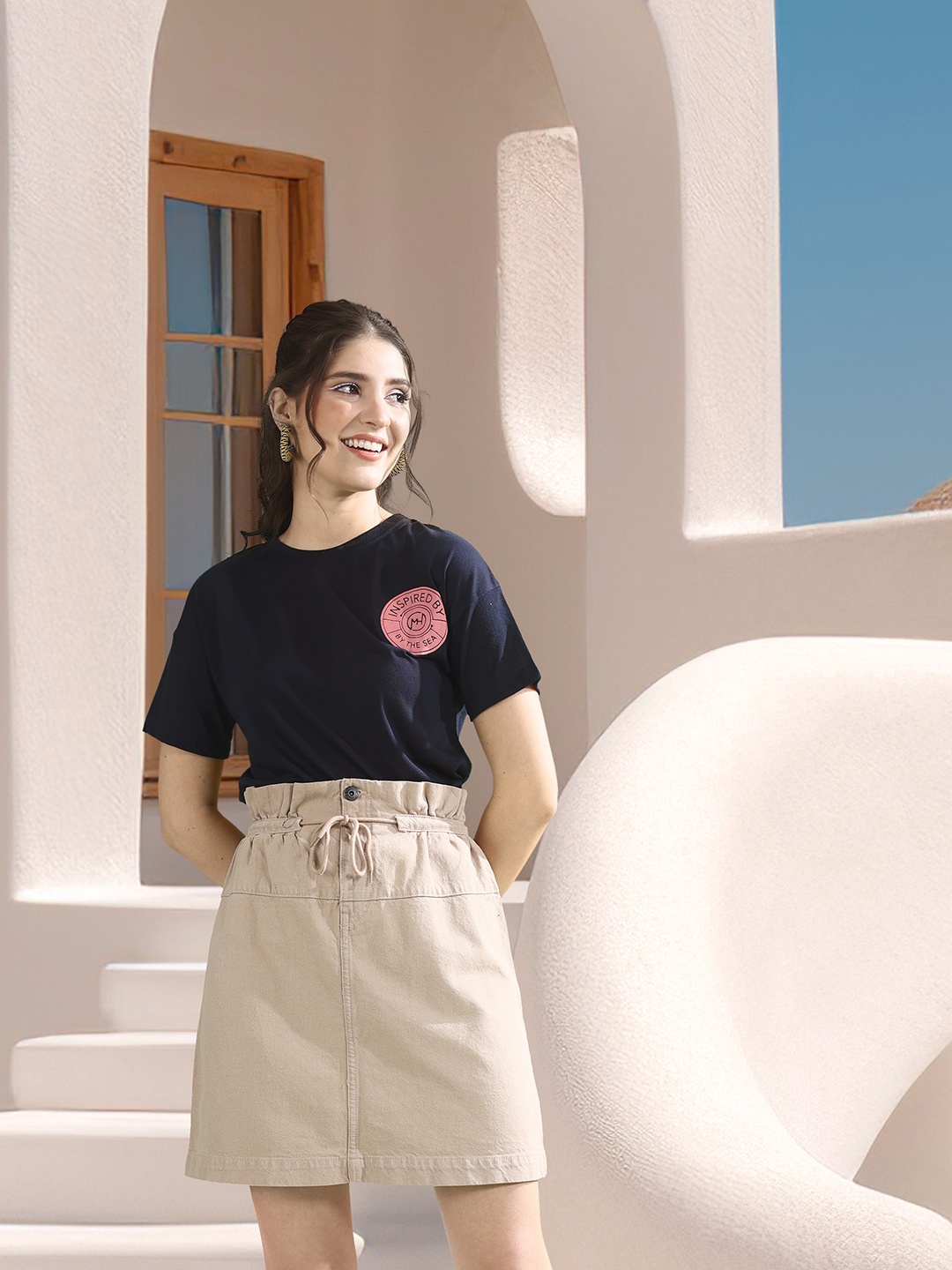 

Mast & Harbour Nautical Print Detail Pure Cotton T-shirt, Navy blue
