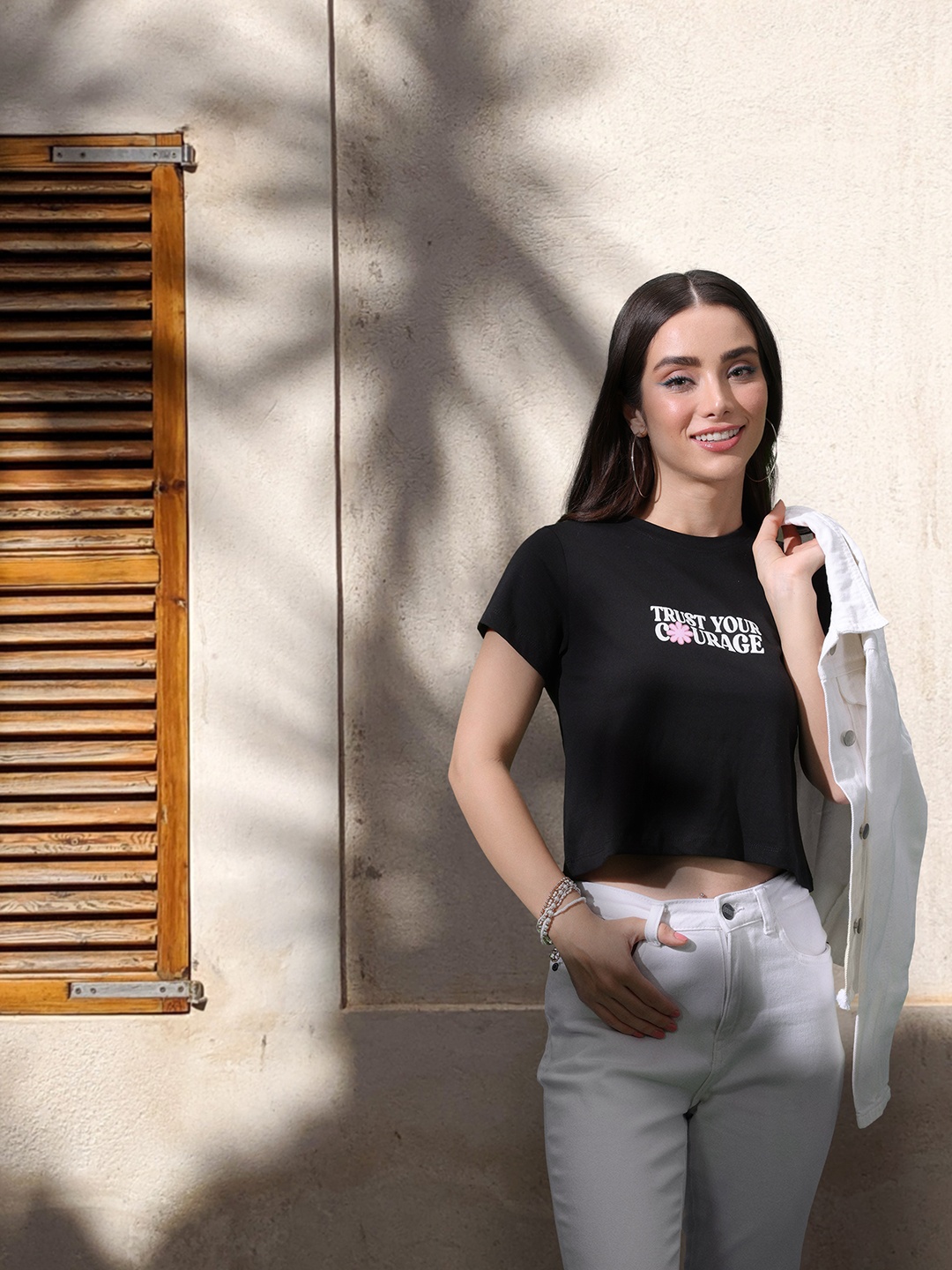 

Mast & Harbour Typography Printed Pure Cotton Crop T-shirt, Black