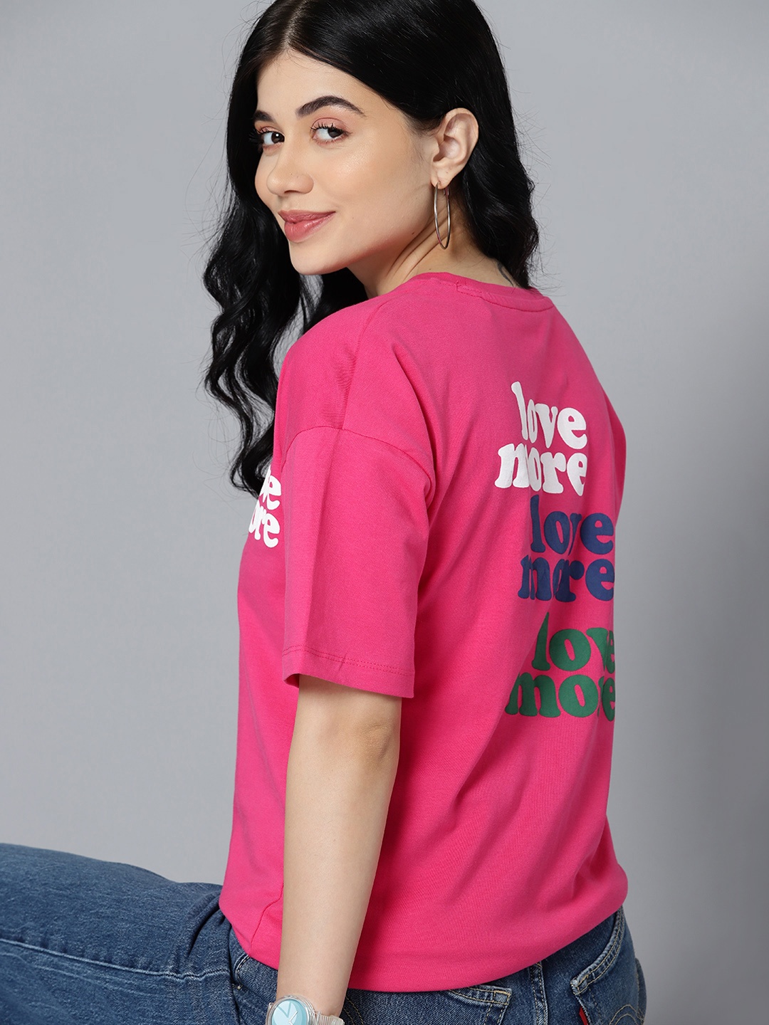 

Mast & Harbour Typography Printed Drop-Shoulder Sleeves Pure Cotton T-shirt, Pink