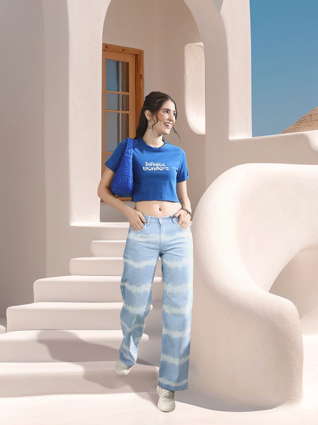 

Mast & Harbour Typography Print Pure Cotton Crop T-shirt, Blue