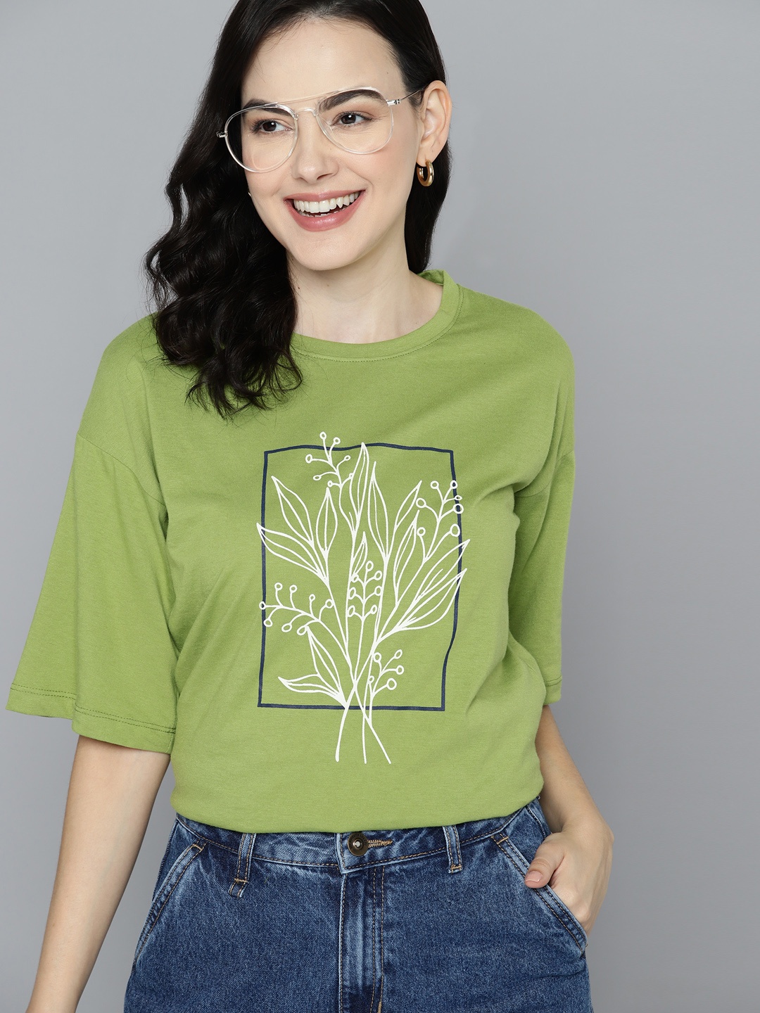 

Mast & Harbour Floral Print Drop-Shoulder Sleeves Pure Cotton T-shirt, Green