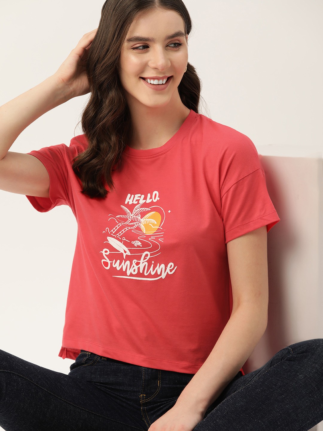 

Mast & Harbour Women Pure Cotton Typography Printed Drop-Shoulder Sleeves T-shirt, Coral