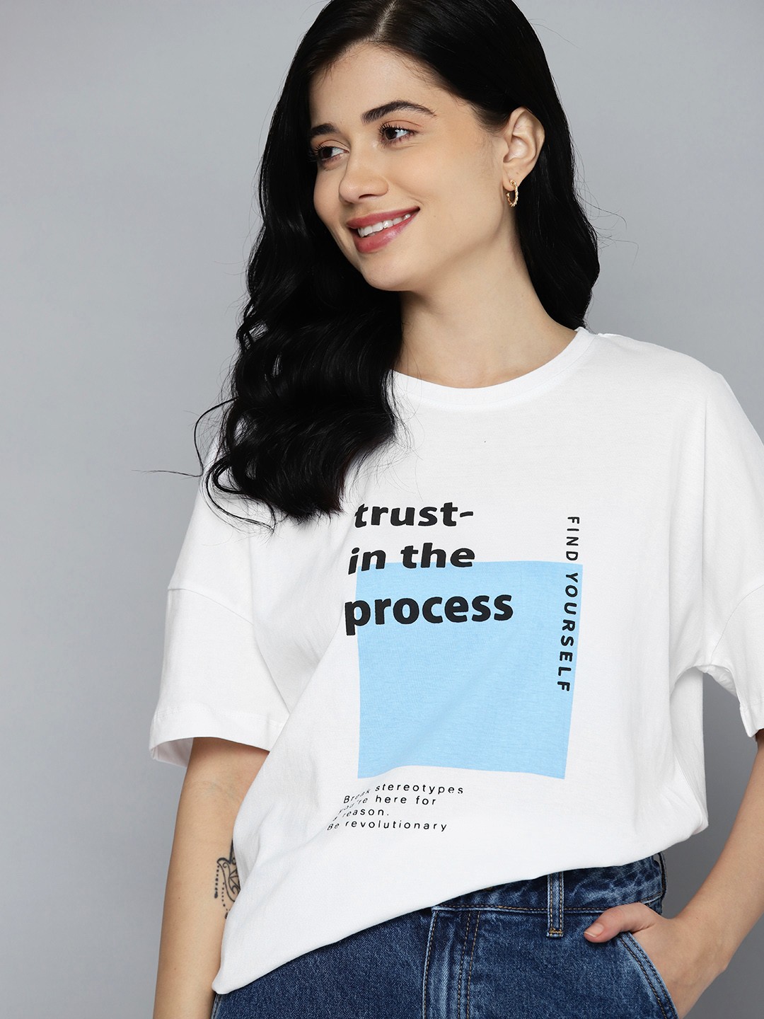 

Mast & Harbour Typography Printed Drop-Shoulder Sleeves Pure Cotton Longline T-shirt, White