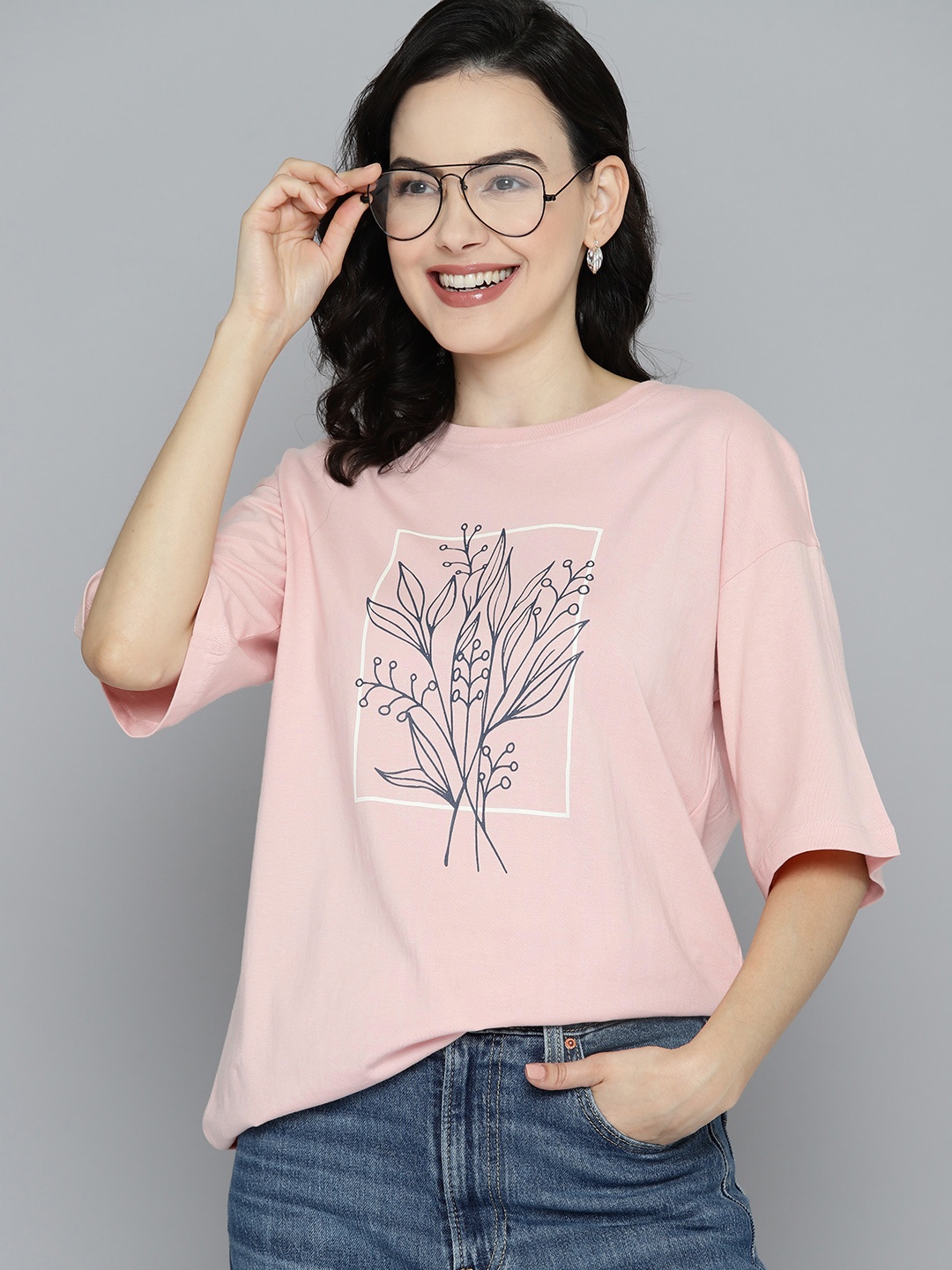 

Mast & Harbour Printed Pure Cotton Oversized Longline T-shirt, Peach
