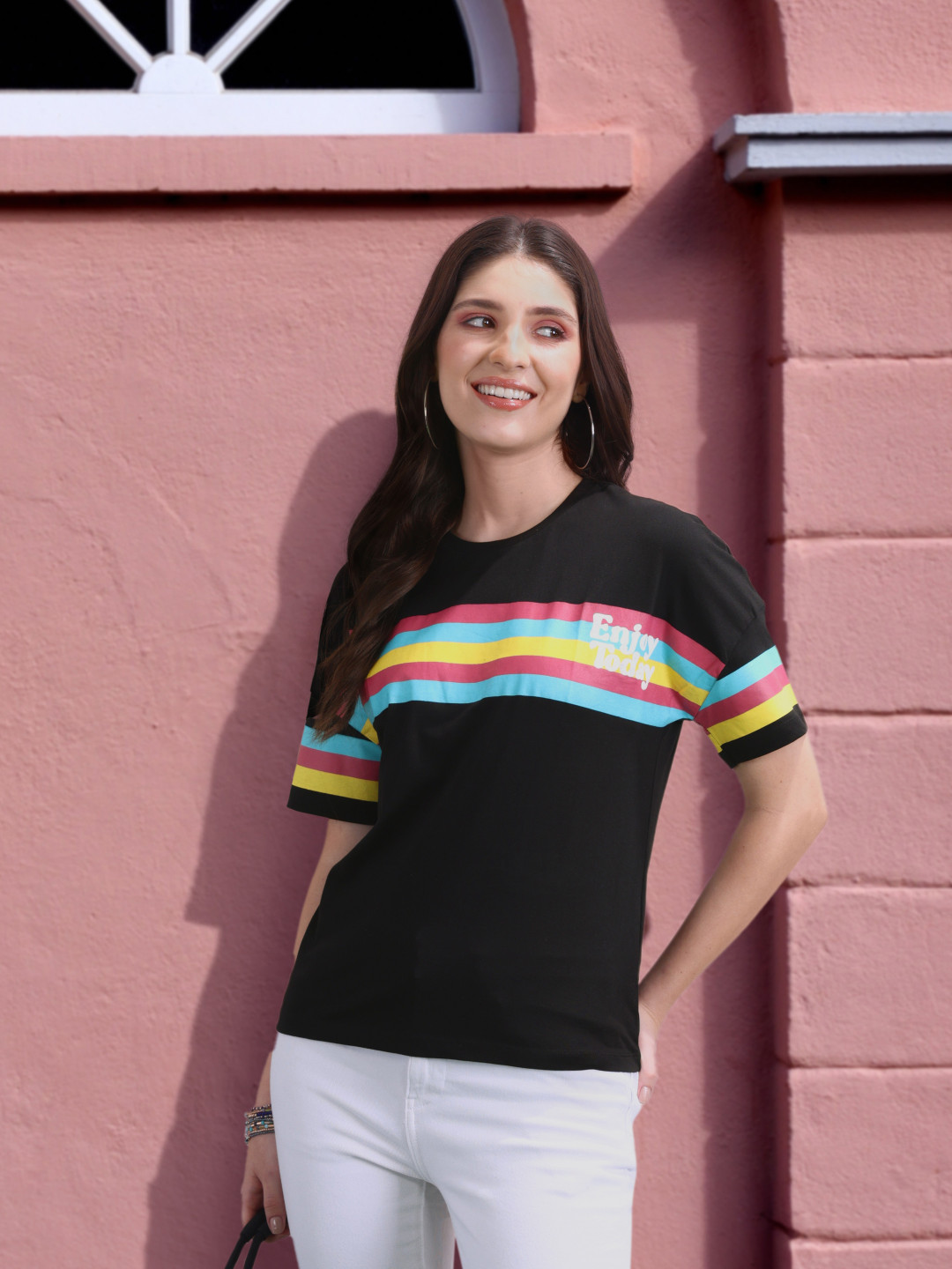 

Mast & Harbour Striped Drop-Shoulder Sleeves Pure Cotton T-shirt, Black