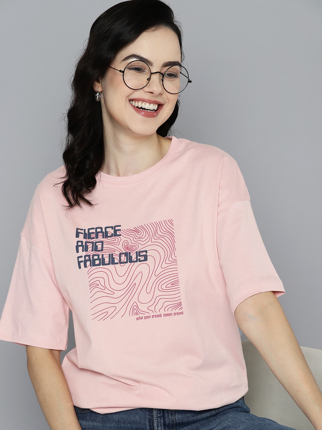 

Mast & Harbour Printed Pure Cotton Oversized Longline T-shirt, Peach
