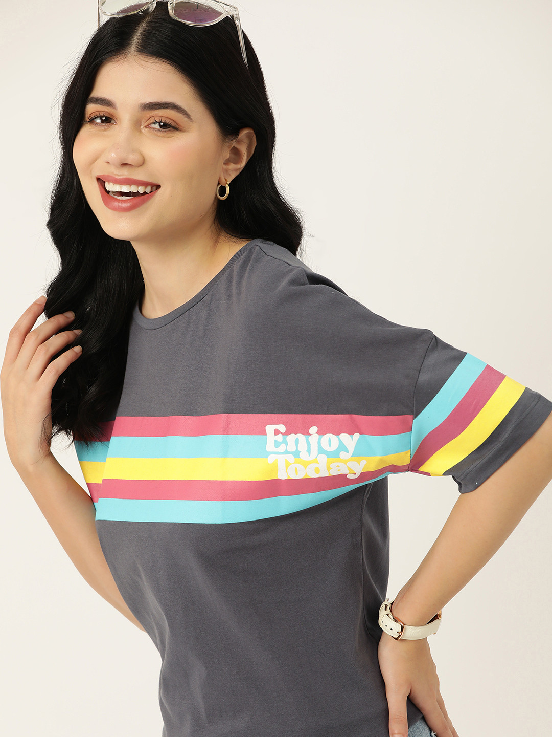 

Mast & Harbour Striped Drop-Shoulder Sleeves Pure Cotton T-shirt, Grey