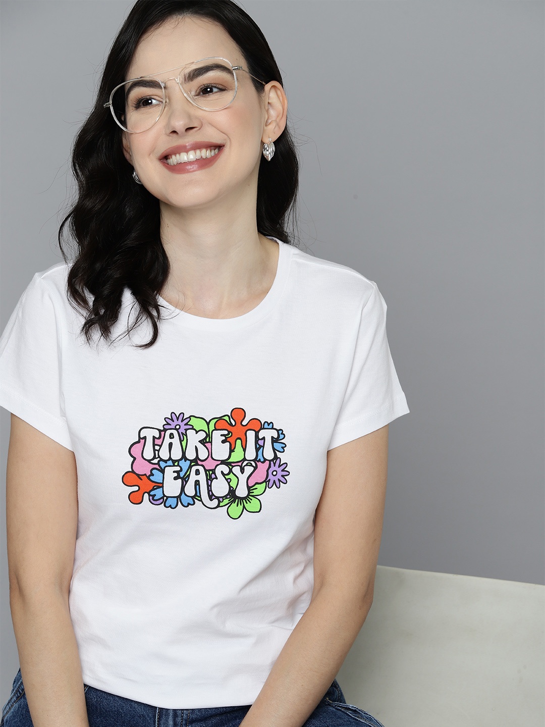 

Mast & Harbour Floral & Typo Printed Pure Cotton T-shirt, White