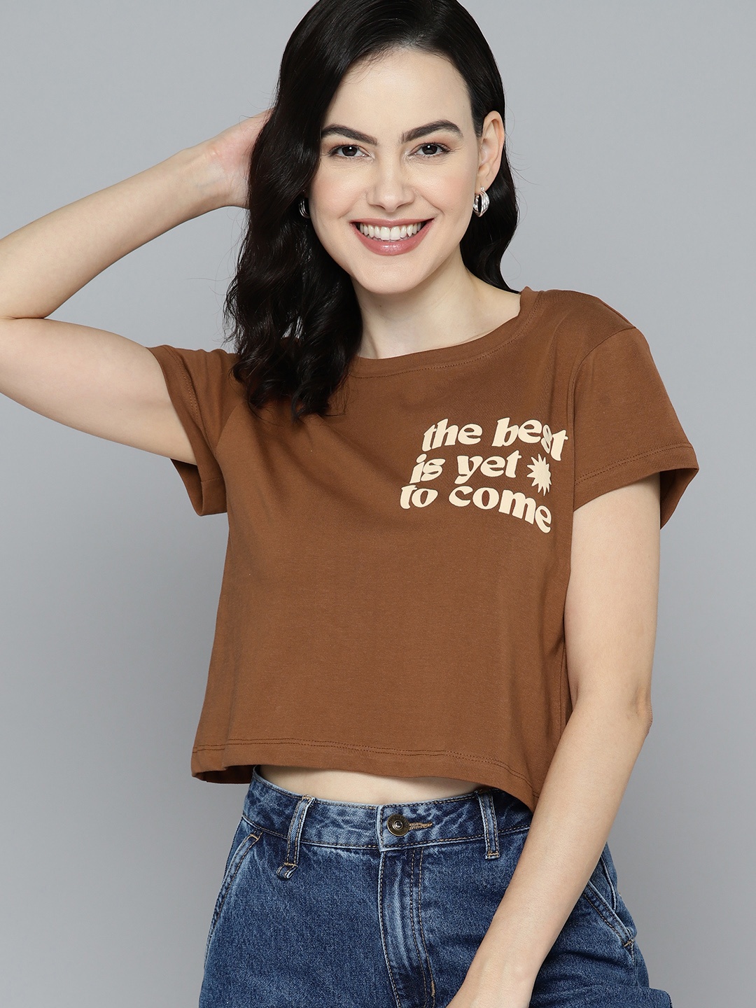 

Mast & Harbour Typography Printed Pure Cotton Crop T-shirt, Coffee brown