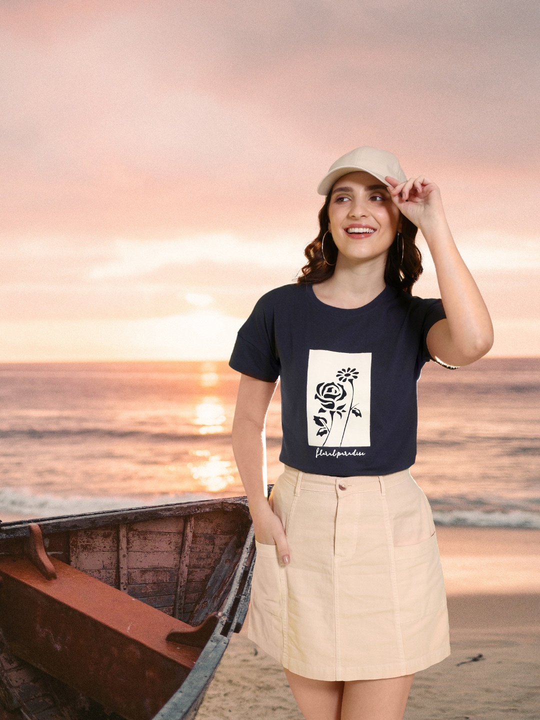 

Mast & Harbour Women Pure Cotton Printed Drop-Shoulder Sleeves T-shirt, Navy blue