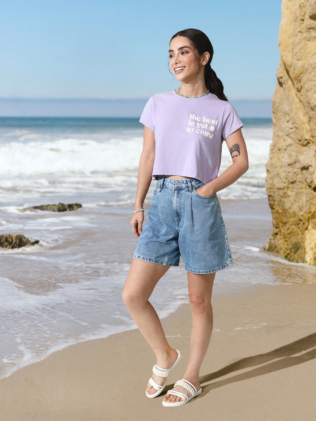 Mast & Harbour Typography Printed Cotton T-shirt, Lavender