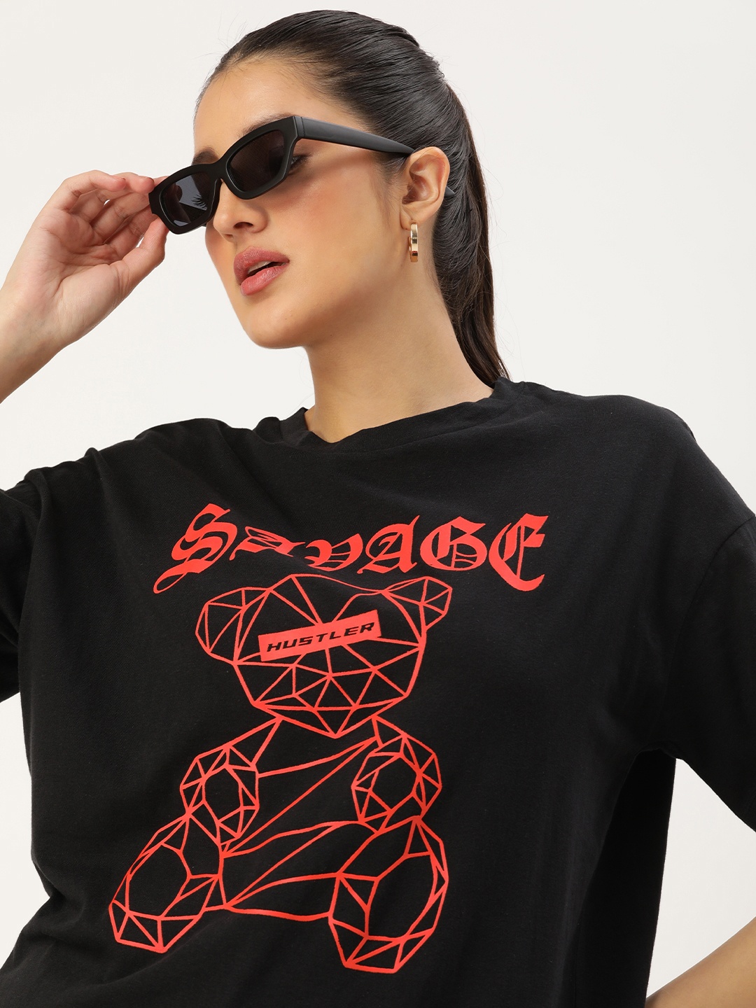 

Kook N Keech Drop-Shoulder Printed Oversized Pure Cotton T-shirt, Black