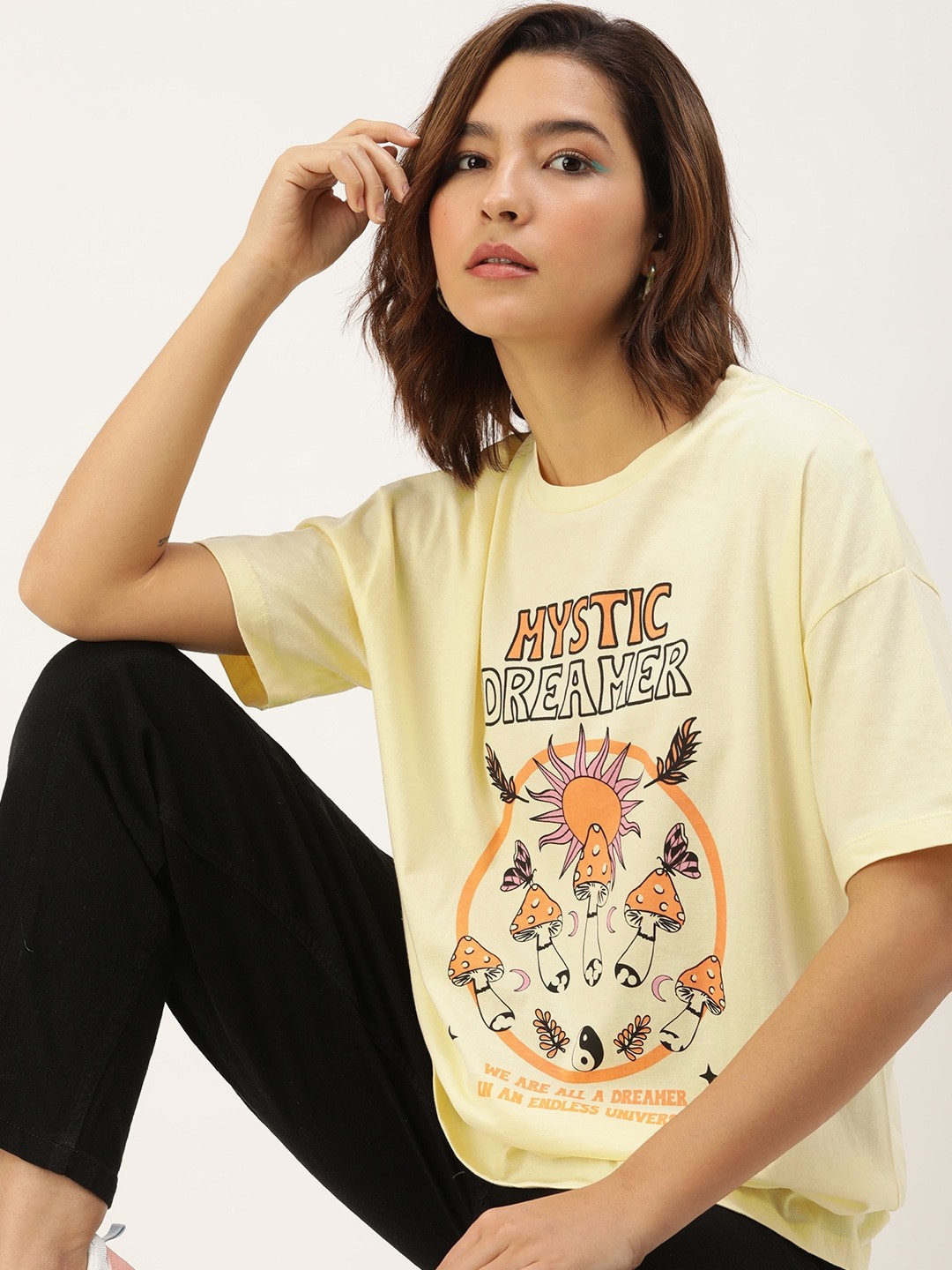 

Kook N Keech Printed Drop-Shoulder Sleeves Pure Cotton Oversized T-shirt, Yellow