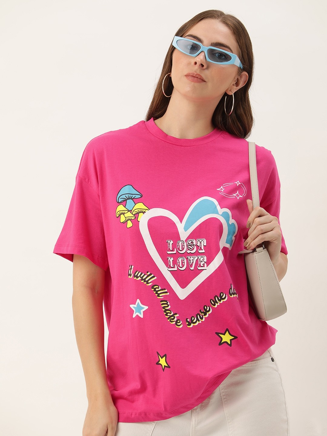 

Kook N Keech Printed Drop-Shoulder Sleeves Pure Cotton Oversized T-shirt, Pink