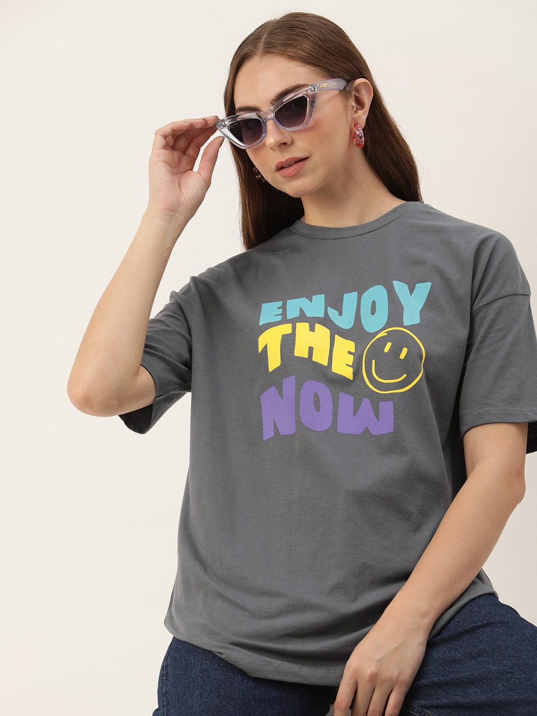 

Kook N Keech Printed Drop-Shoulder Sleeves Pure Cotton Oversized T-shirt, Grey