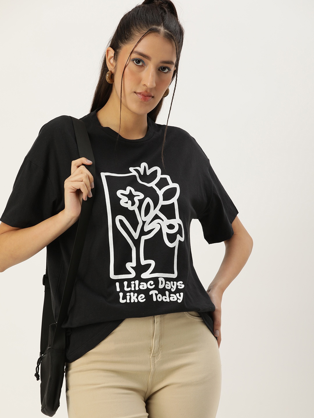 

Kook N Keech Floral Graphic Printed Drop-Shoulder Sleeves Pure Cotton Oversize T-shirt, Black