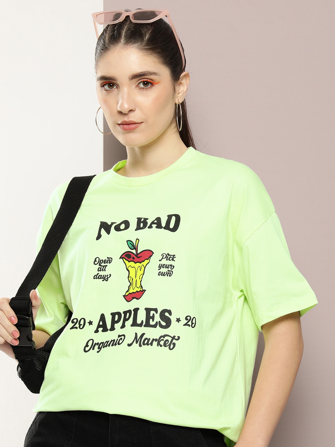 

Kook N Keech Typography Printed Drop-Shoulder Sleeves Pure Cotton Oversized T-shirt, Lime green