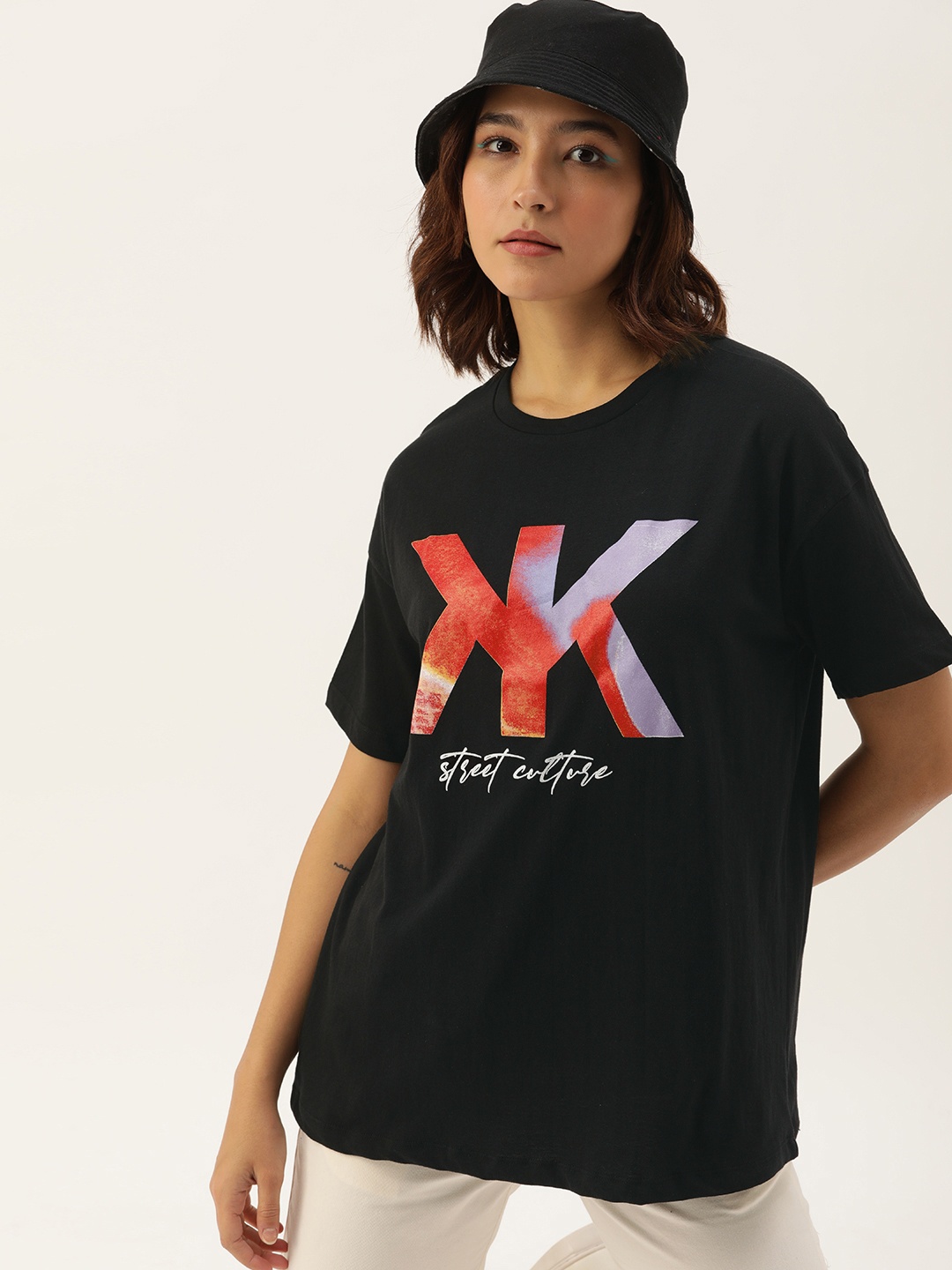 

Kook N Keech Brand Logo Printed Drop-Shoulder Pure Cotton Oversized T-shirt, Black