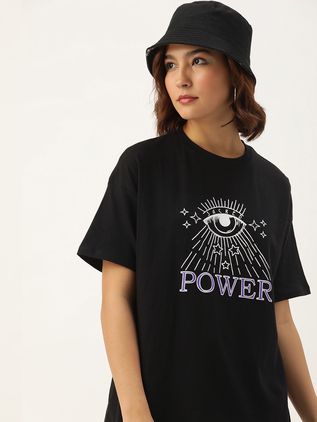 

Kook N Keech Printed Drop-Shoulder Sleeves Pure Cotton Oversized T-shirt, Black