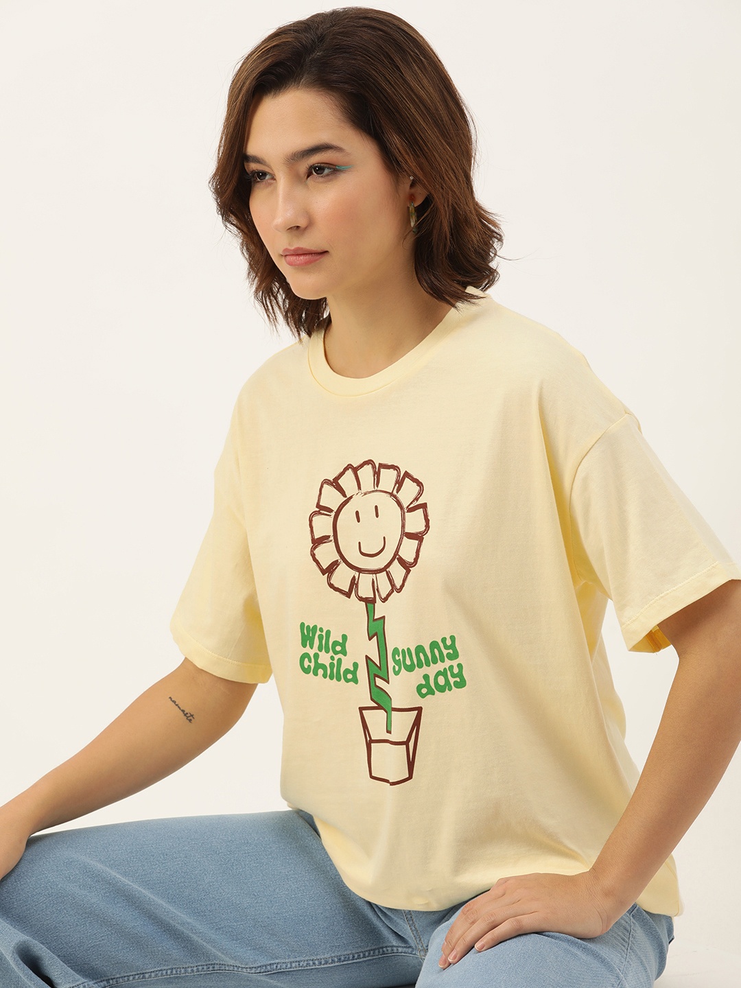 

Kook N Keech Floral Printed Drop-Shoulder Pure Cotton Oversized T-shirt, Yellow