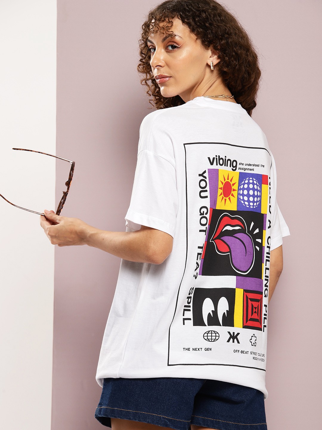 

Kook N Keech Printed Drop-Shoulder Sleeves Pure Cotton Oversized T-shirt, White