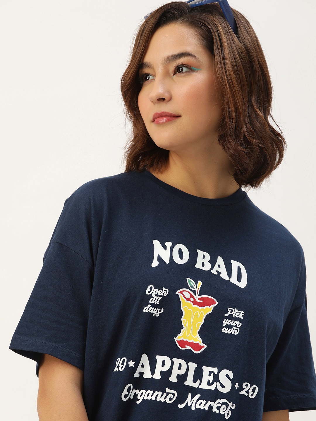 

Kook N Keech Printed Drop-Shoulder Sleeves Pure Cotton Oversized T-shirt, Navy blue